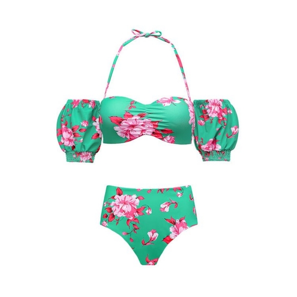 Flaxmaker Floral Printed Puff Sleeve Bikini Swimsuit and Sarong - Picture 2 of 12